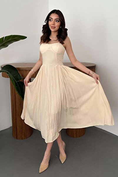 Caddebostan Moda Strappy Bustier Gathered Long Midi Dress