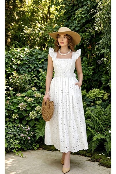 Dilek Vardar White Women's Square Neck Belted Brode Midi Dress