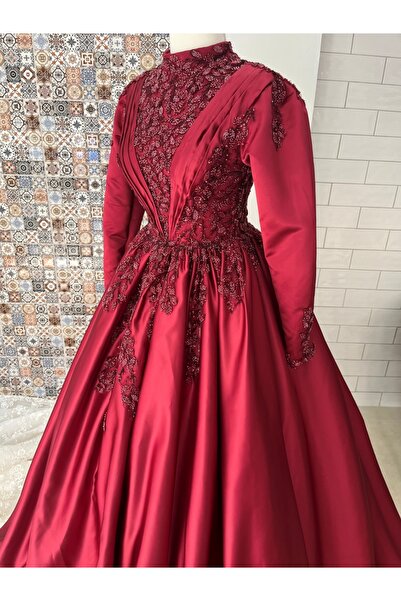 AYŞE KOÇYİĞİT Bordo Pileli Yoğun İşlemeli Dantelli Kınalık Nişanlık Söz Elbisesi