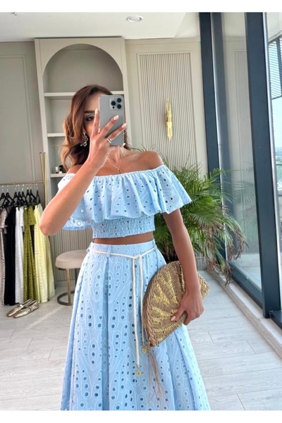 Dilek Vardar Baby Blue Women's Scallop Neck Gipeli Blouse Belted Skirt Set