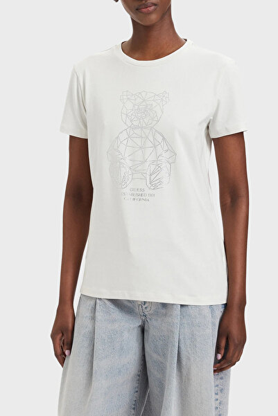 Guess Tricou din bumbac cu croială normală, cu guler rotund, cu aplicații de ...