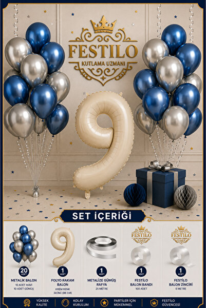 FESTİLO Metallic Blue Silver Birthday Concept 20 Balloons Cream Foil Number B...