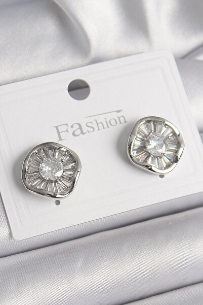 ETC Brass Silver Color Zircon Stone Clover Model Women's Earrings 5886 - Miyn...