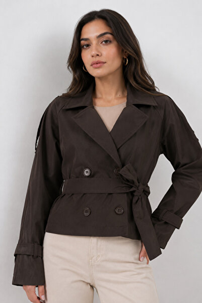 Hazel Women's Brown Belted Short Trench Coat