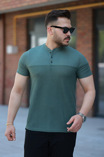 Efnaz style تي شيرت رجالي من القطن بأكمام قصيرة وياقة هاكيم - مقاس S - أخضر