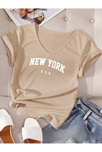 FAVORİST Women's New York Usa Printed V-Neck T-Shirt