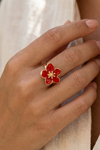 AURRARİ Gold Adjustable Red Sakura Flower Ring
