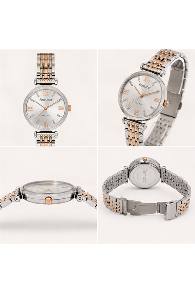Ferrucci 30 mm Silver & Rose Gold Color Stone Detailed Metal Cord Women Wrist Watch