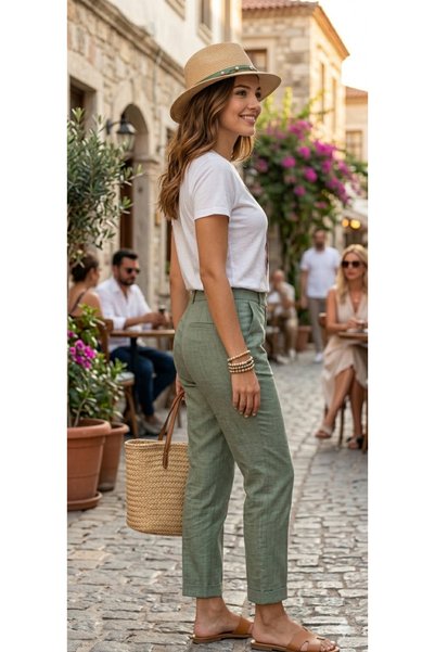 MODA Girl in a Hat, Detailed with Stones, Soft Texture, a Quality, Round Neck, Green Hat, T-Shirt