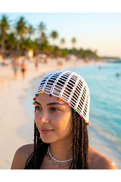 Sfenks. Hand Knitted Bohemian Sequin Detailed White Hair Accessory & Bandana