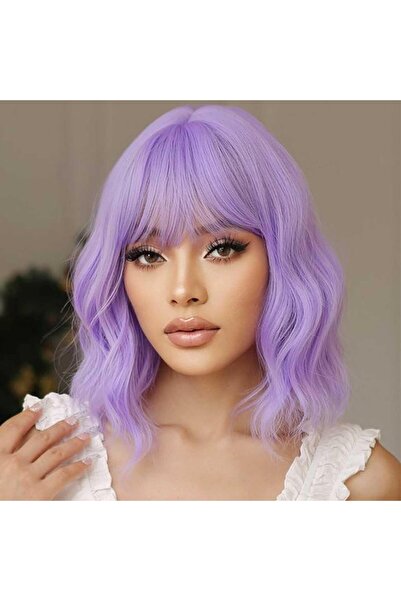 OEM Perucă sintetică dreaptă pentru femei, cu breton, ondulată, violet, 45 cm