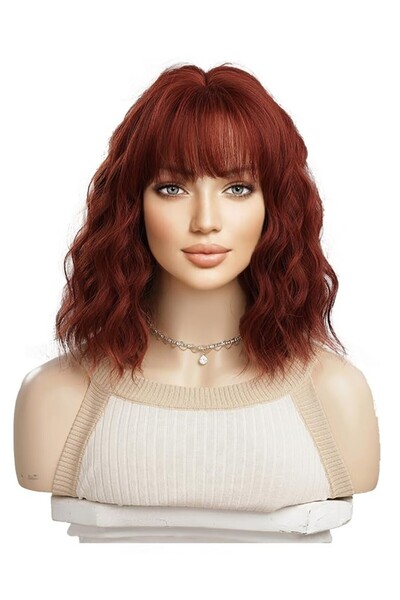 OUFEI Curly wig with bangs, synthetic hair, reddish brown, 33 cm