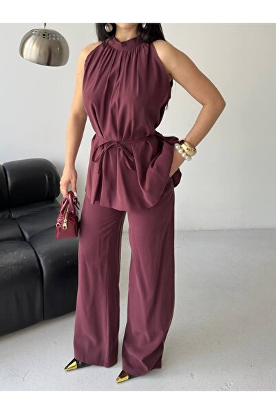 buqre's moda Women's Modal Halter Neck Gathered Belted Loose Two-Piece Set
