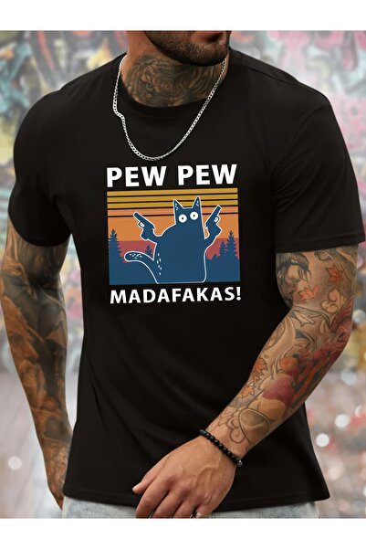 Chic Bloom تي شيرت رجالي مريح بنمط "بانج بانج" مع رسومات قطط