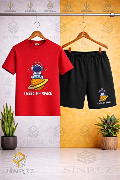 SİNREZ Bisiklet Yaka ASTRONOT UZAY GEZEGEN USTUNDE Baskılı Tişört - Şort Takım