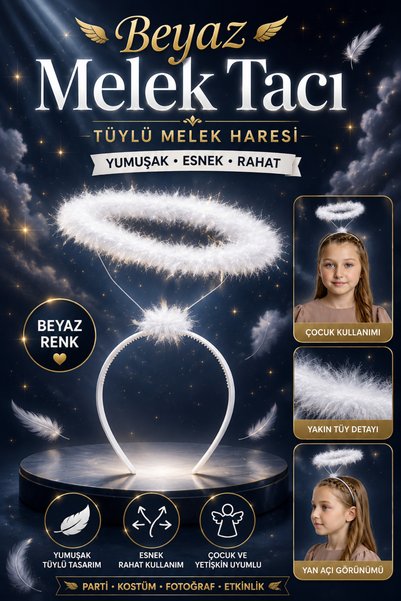 Tamsena Store Beyaz Otrişli Melek Tacı Tüylü Melek Haresi Parti ve Kostüm Aks...