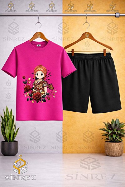 SİNREZ Tricou cu imprimeu JYN ANIME GIRL cu guler rotund - Set pantaloni scurți