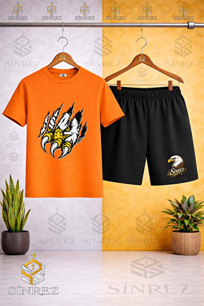 SİNREZ Crew Neck Kids' T-Shirt with Eagle in the Pence Print - Shorts Set
