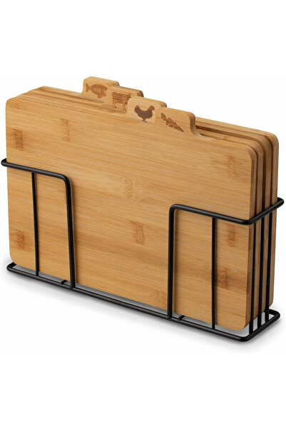 OEM Set of 4 Bamboo Cutting Boards with Black Metal Organizer Stand, Premium,...