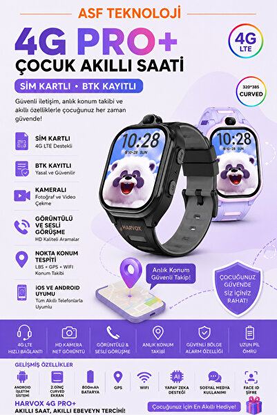 asfteknoloji 4G Pro+ Çocuk Akıllı Sasti Sim Kartlı Resmi Kayıtlı Kameralı Nok...
