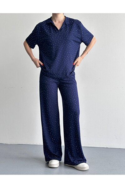 eBaa fashıon Stone-Faced Top and Bottom Polo Collar Set