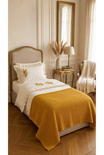 İK TEKSTİL Trigo Mustard Flower Embroidered Cotton Duvet Cover Set 5 Piece Mo...