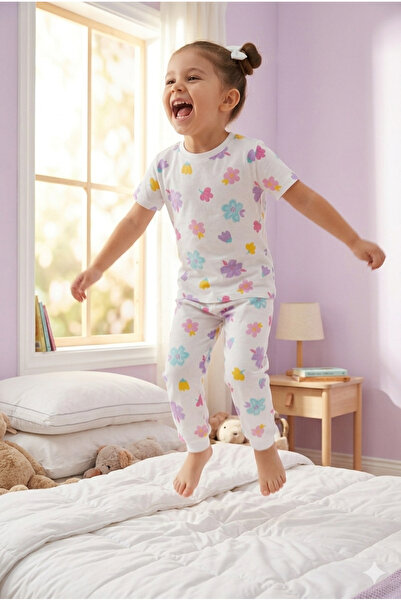 Baby Kız Çocuk Kısa Kol 2'li Pijama Takımı %100 Pamuk Süprem Çiçek Desenli