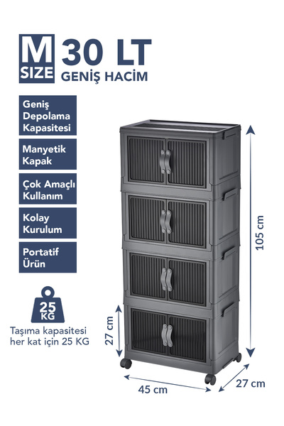 Lavine ”MEDIUM” 4 Katlı Portatif Dolap Organizer 30LT Çok Amaçlı Mıknatıs Kapaklı, Katlanır, Tekerlekli