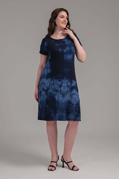 Madwilo Women's Navy Blue Tie-Dye Painting Plus Size Stretchy Midi Dress