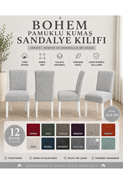 İLYEVTEKSTİLİ Bohem Pamuklu Esnek Standart Sandalye Kılıfı, Yıkanabilir, Doku...