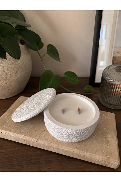 Mum Çift Ahşap Fitilli Vanilya Kokulu Dekoratif Beton Mum – Kapaklı Minimal Tasarım