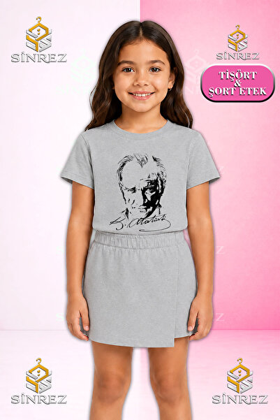 SİNREZ Girl's Set Ataturk Signed Black Printed Short Sleeve T-Shirt Shorts Skirt