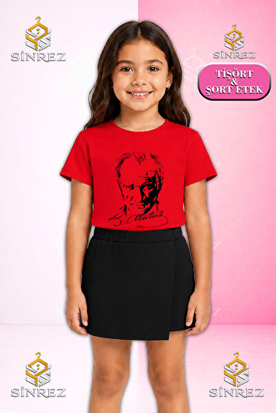 SİNREZ Set pentru fete ATATURK SIGNATURE NEGRU Imprimat Tricou cu mânecă scur...