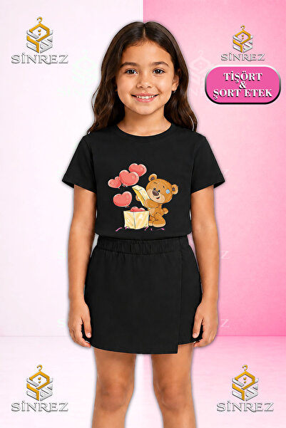 SİNREZ Set pentru fete BEAR BOX HEARTS Tricou cu mânecă scurtă imprimat Fustă...