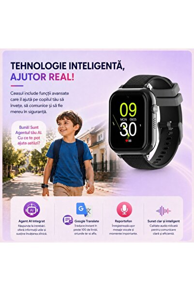 Techone Ceas Smartwatch Copii KT38, 900 mAh, GPS, Super AMOLED, 4G LTE, Apel video, Camera HD, SOS, Negru