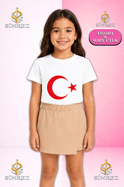 SİNREZ Girl's Set Ay Star Red Printed Short Sleeve T-Shirt Shorts Skirt