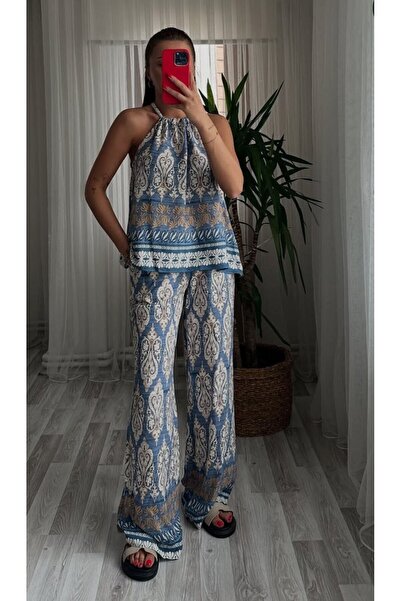Estelle Zero Sleeve Neck Tie Back Slit Patterned Suit - Blue Blue