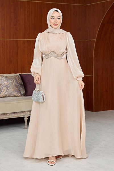 Abiye Diyarı Mosera Janjan Fabric Waist Belted Lined Hijab Evening Dress