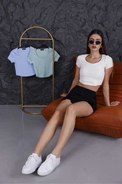 veira Ecru Ribbed Crop T-Shirt – Sporty Stylish Short Sleeve Model