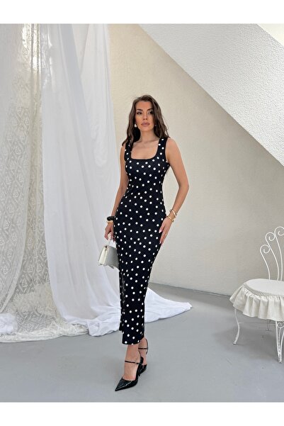 LE CARAMBOLE Women's Black Square Neck Polka Dot Dress