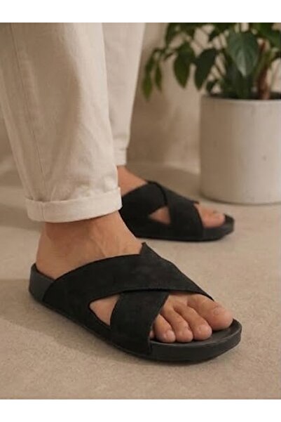 VIAJERO Unisex Suede Slippers with Cross Straps and Non-Slip Sole Modern Dail...