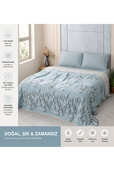 Yarımağa Tekstil Çift Kişilik Müslin Pike Yatak Örtüsü – Lavanta Desenli Bohe...