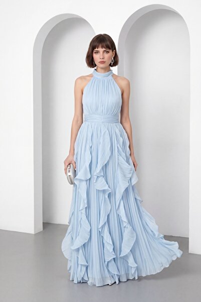 Lafaba Women's Baby Blue Halter Neck Ruffled Long Formal Dress