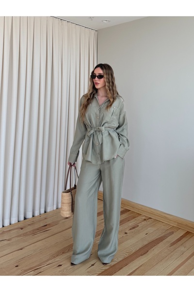 Laluvia Khaki Gold Buttoned Tencel Shirt and Pants Set - 7313