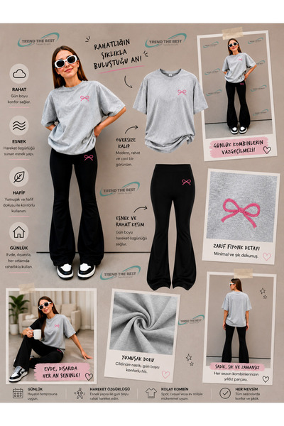 TREND THE BEST Trendin En İyisi Summer Black Spanish Flared Pants and T-Shirt, Children's Girl's Set with Small Bow Print Design