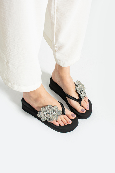 STEPDIAMOND Ann Gümüş Taşlı Şık Kadın Flip Flop Parmak Arası Terlik Plaj Terl...