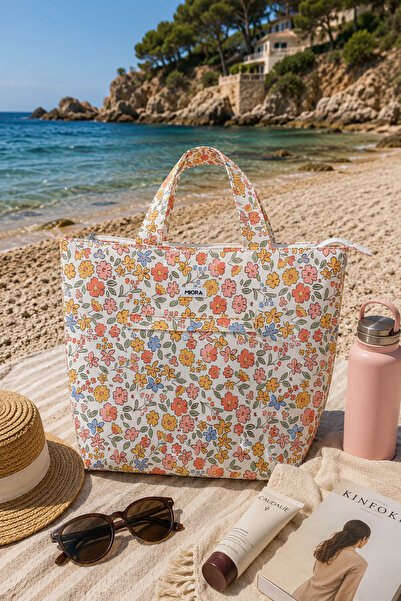 MIORA BAG Çiçek Desenli Ön Cepli Plaj Çantası- Duck Kumaş- Su İtici Özellikli