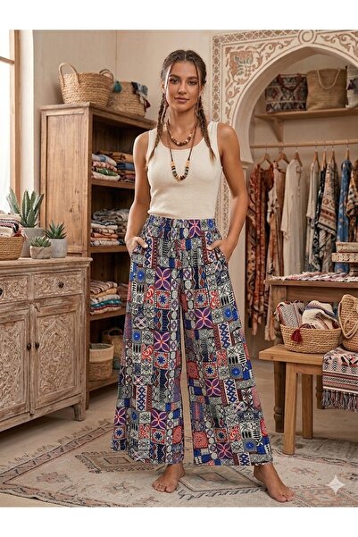 AYASOFYA OTANTIK Women's Multi-Colored Wide-Legged 100% Viscose Trousers with...