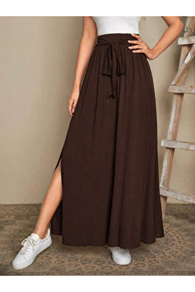 Butik Women's High Waist Belted Long Sandy Skirt with Side Slits