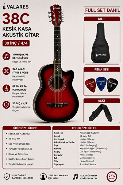 valares 38C Kesik Kasa Kırmızı Akustik Gitar 38 İnç 4/4 Sap Ayarlı Cutaway + ...